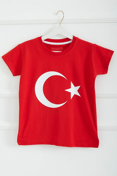 Erkek Çocuk Kirmizi Unisex Bisiklet Yaka Ay Yıldız Baskılı Kısa Kollu T-Shirt - 26846 