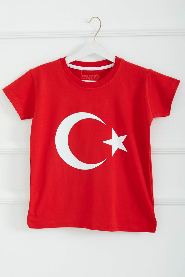 Erkek Çocuk Kirmizi Unisex Bisiklet Yaka Ay Yıldız Baskılı Kısa Kollu T-Shirt - 26846 - TOFİSA