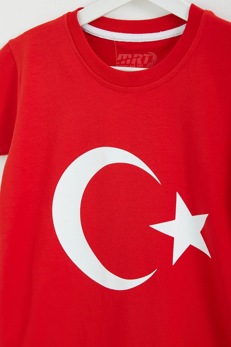 Erkek Çocuk Kirmizi Unisex Bisiklet Yaka Ay Yıldız Baskılı Kısa Kollu T-Shirt - 26846 - TOFİSA