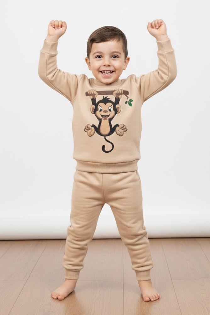 Erkek Çocuk Krem Baskılı Üç İplik Şardonlu Takım - 27965-KREM - 1