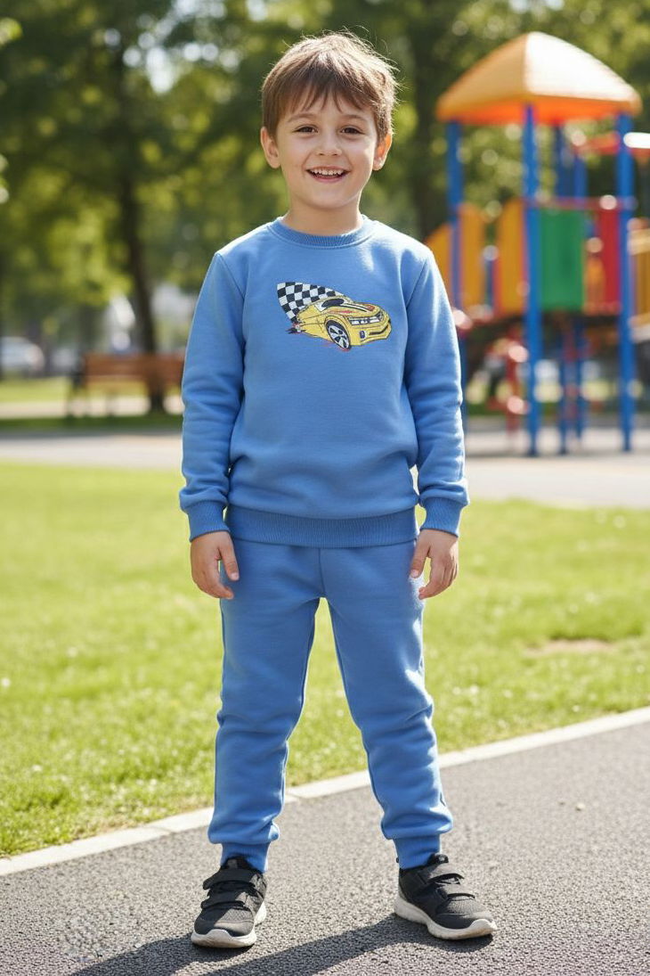 Erkek Çocuk Mavi Baskılı İki İplik Çocuk Pijama Takımı - 28273-MAVI - 1