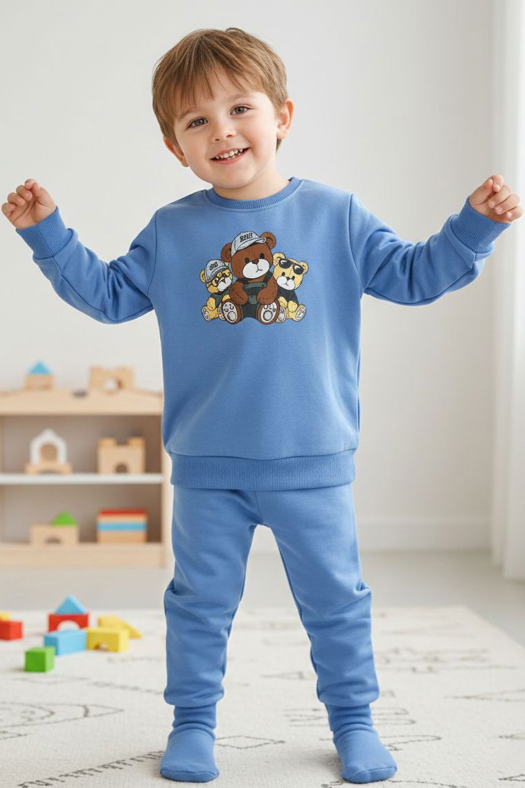 Erkek Çocuk Mavi Baskılı İki İplik Çocuk Pijama Takımı - 28274-MAVI - 1