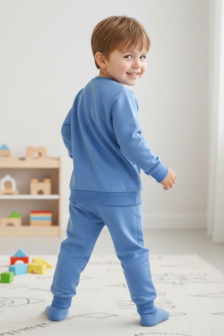 Erkek Çocuk Mavi Baskılı İki İplik Çocuk Pijama Takımı - 28274-MAVI - 2