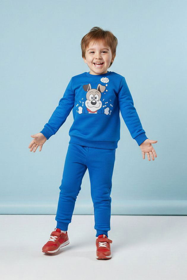 Erkek Çocuk Mavi Baskılı İki İplik Pijama Takımı - 28199-MAVI - 1