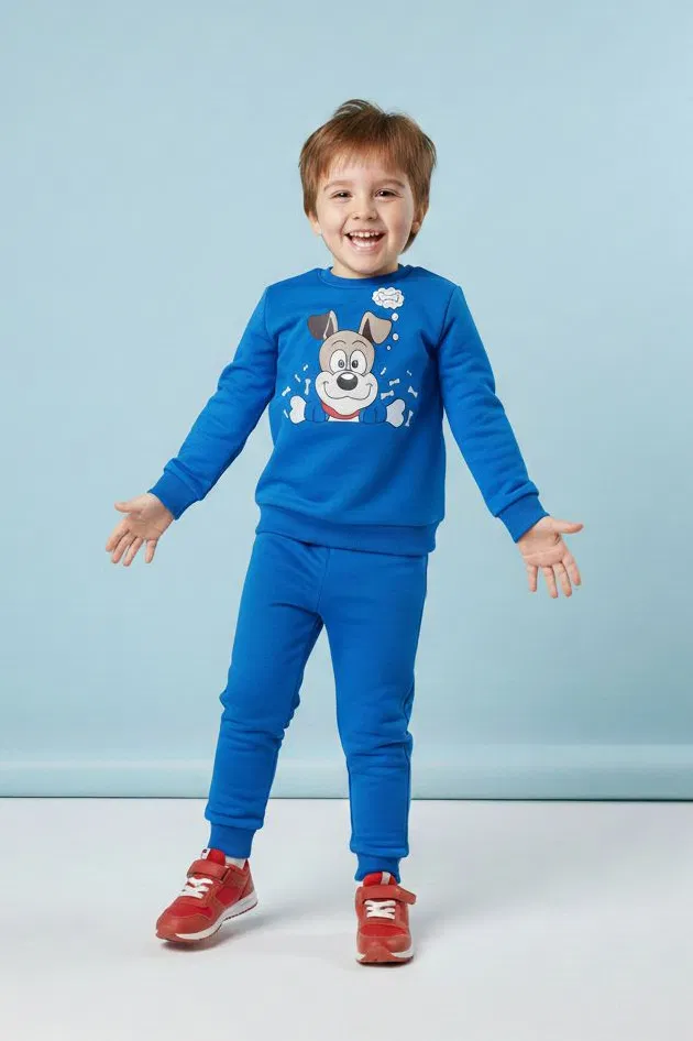 Erkek Çocuk Mavi Baskılı İki İplik Pijama Takımı - 28199-MAVI - TOFİSA