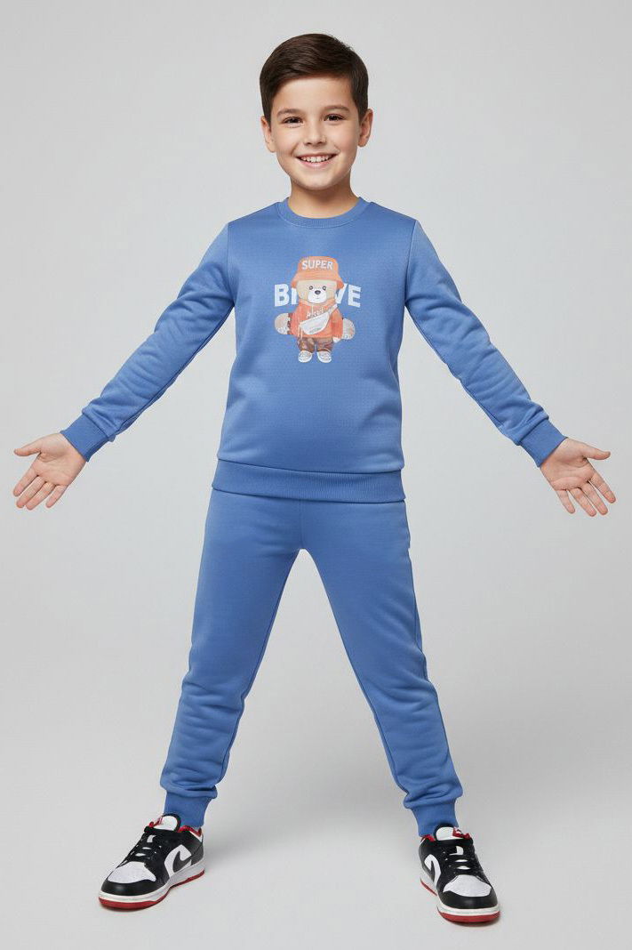 Erkek Çocuk Mavi Baskılı İki İplik Pijama Takımı - 28231-MAVI - 1