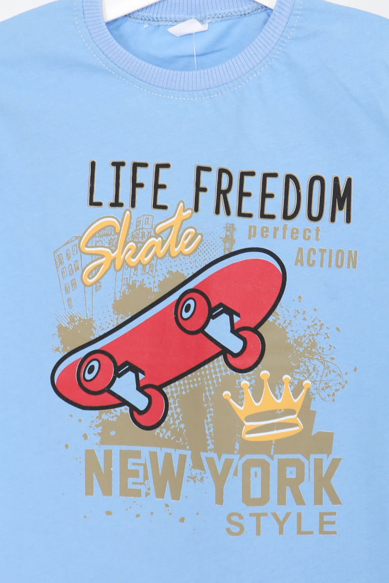 Erkek Çocuk Mavi Baskılı Kısa Kollu T-Şhirt - 27383 - TOFİSA