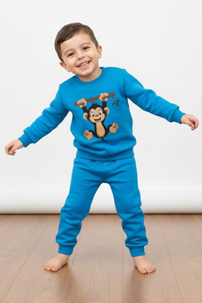 Erkek Çocuk Mavi Baskılı Üç İplik Şardonlu Takım - 27965-MAVI