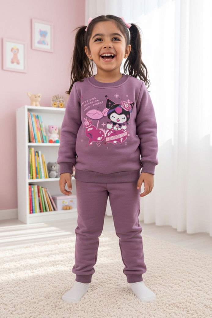 Kız Çocuk Mürdüm Baskılı Üç İplik Şardonlu Takım - 27966-MURDUM