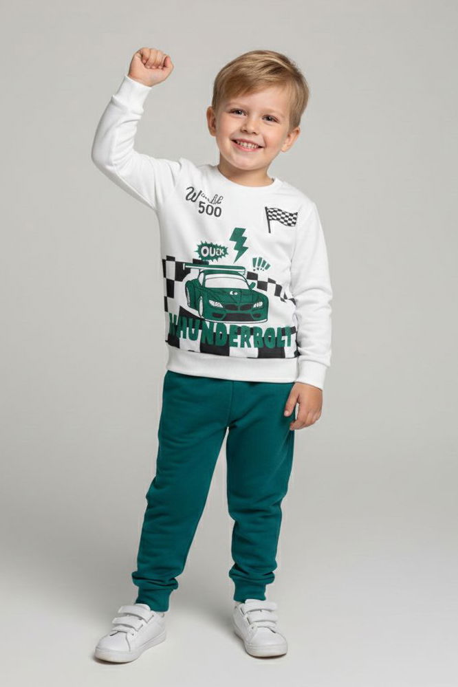 Erkek Çocuk Petrol Baskılı Şardonlu Pijama Takımı - 28242-PETROL - 1