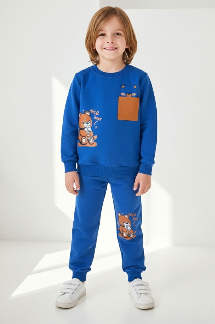 Erkek Çocuk Saks Baskılı İki İplik İkili Takım - 27968-SAKS