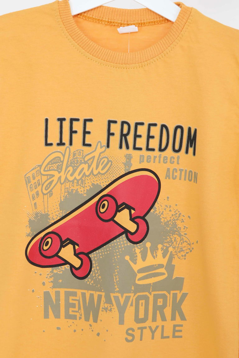 Erkek Çocuk Sari Baskılı Kısa Kollu T-Şhirt - 27383 - TOFİSA