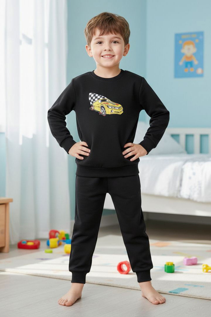 Erkek Çocuk Siyah Baskılı İki İplik Çocuk Pijama Takımı - 28273-SIYAH - 1