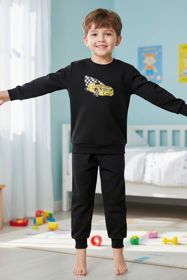 Erkek Çocuk Siyah Baskılı İki İplik Çocuk Pijama Takımı - 28273-SIYAH - 2