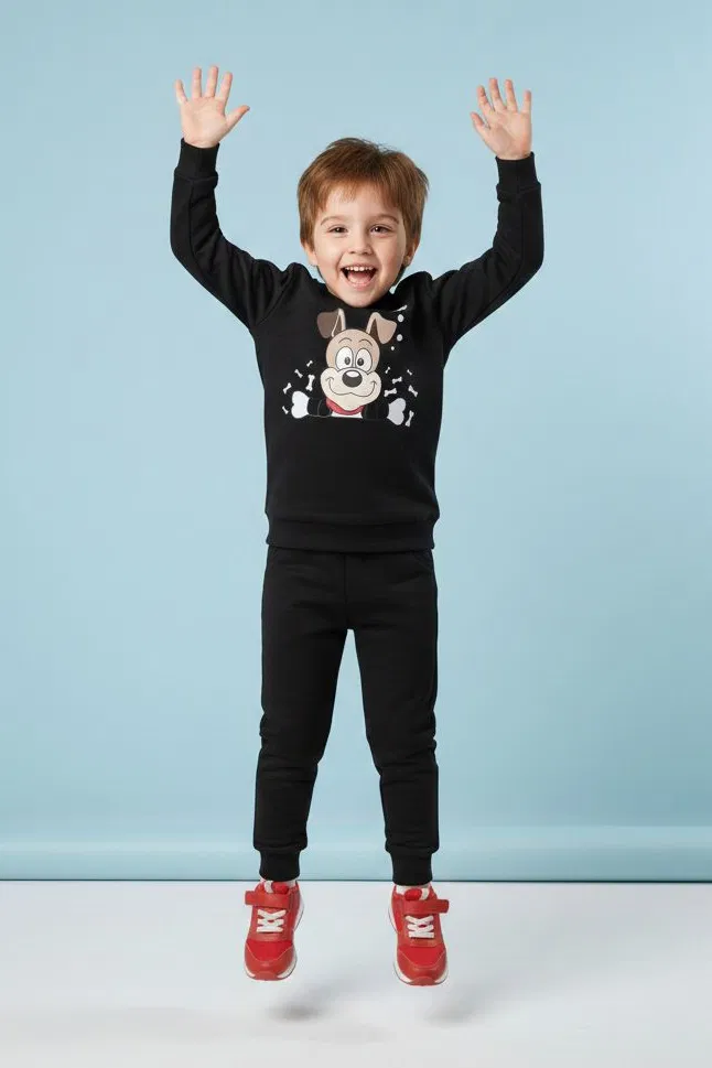 Erkek Çocuk Siyah Baskılı İki İplik Pijama Takımı - 28199-SIYAH - TOFİSA