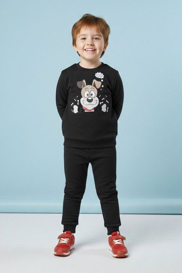 Erkek Çocuk Siyah Baskılı İki İplik Pijama Takımı - 28199-SIYAH - TOFİSA