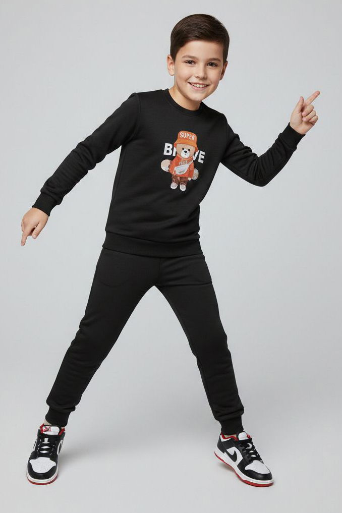 Erkek Çocuk Siyah Baskılı İki İplik Pijama Takımı - 28231-SIYAH - 1