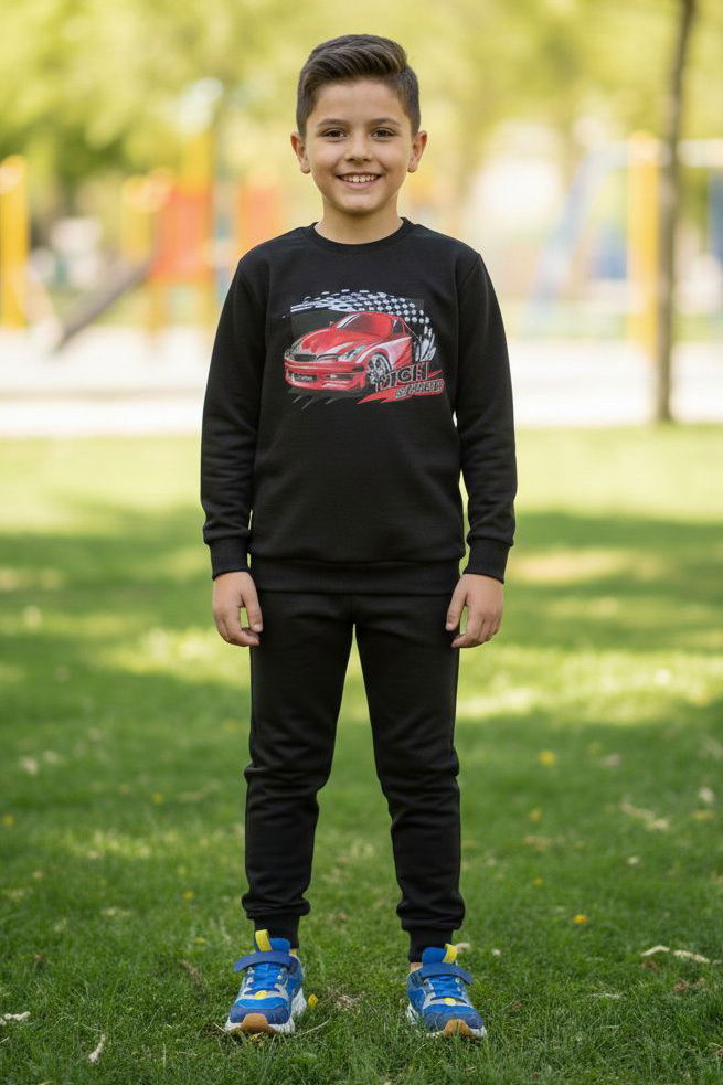 Erkek Çocuk Siyah Baskılı İki İplik Pijama Takımı - 28232-SIYAH - 1