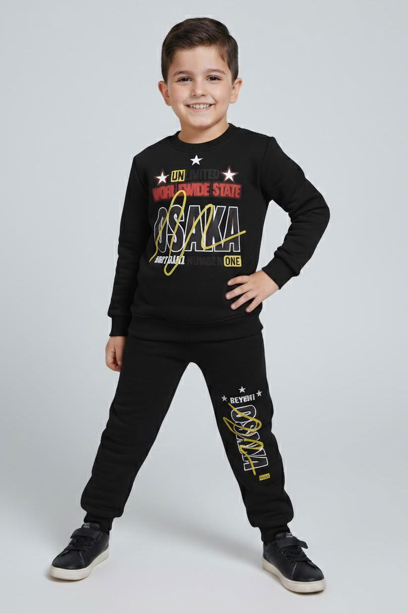 Erkek Çocuk Siyah Baskılı Şardonlu Pijama Takımı - 28097-SIYAH - 1