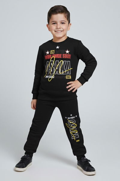 Erkek Çocuk Siyah Baskılı Şardonlu Pijama Takımı - 28097-SIYAH 