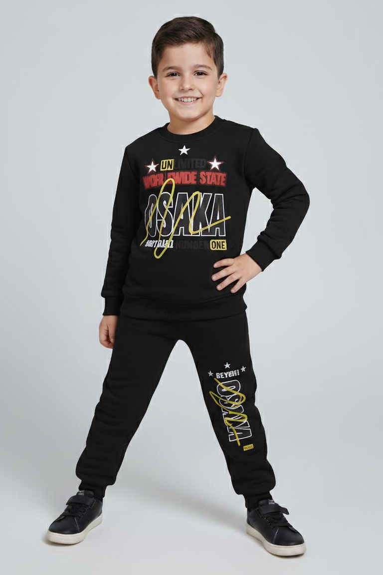 Erkek Çocuk Siyah Baskılı Şardonlu Pijama Takımı - 28097-SIYAH - TOFİSA