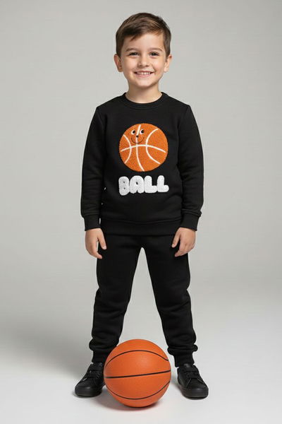 Erkek Çocuk Siyah Nakışlı Şardonlu İki İplik Takım - 28152-SIYAH 