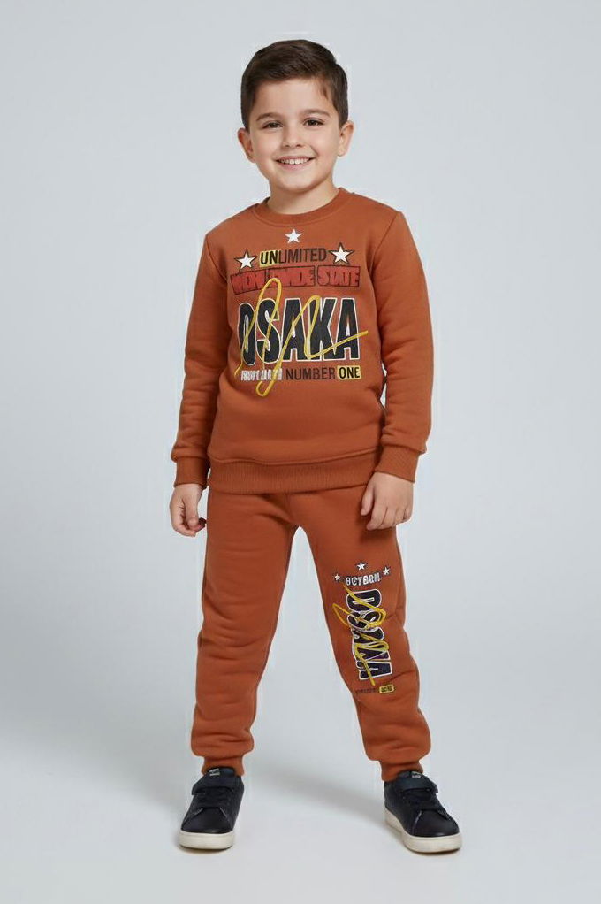 Erkek Çocuk Taba Baskılı Şardonlu Pijama Takımı - 28097-TABA - 1