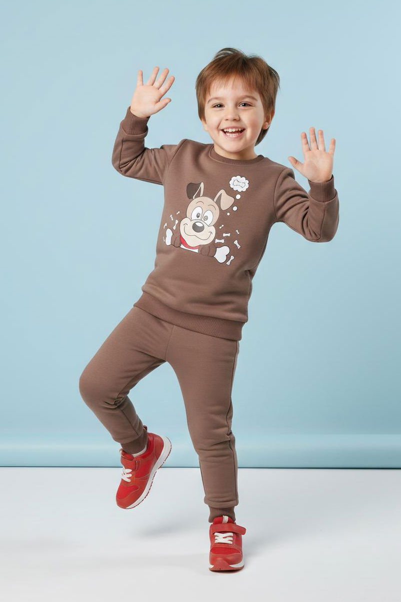 Erkek Çocuk Vizon Baskılı İki İplik Pijama Takımı - 28199-VIZON - 1