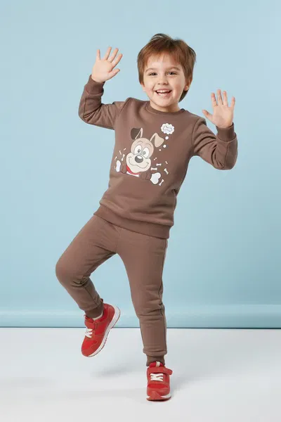 Erkek Çocuk Vizon Baskılı İki İplik Pijama Takımı - 28199-VIZON 