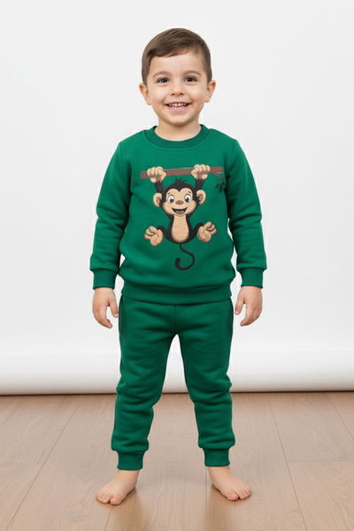 Erkek Çocuk Yesil Baskılı Üç İplik Şardonlu Takım - 27965-YESIL 