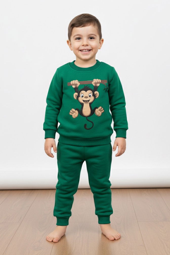 Erkek Çocuk Yesil Baskılı Üç İplik Şardonlu Takım - 27965-YESIL