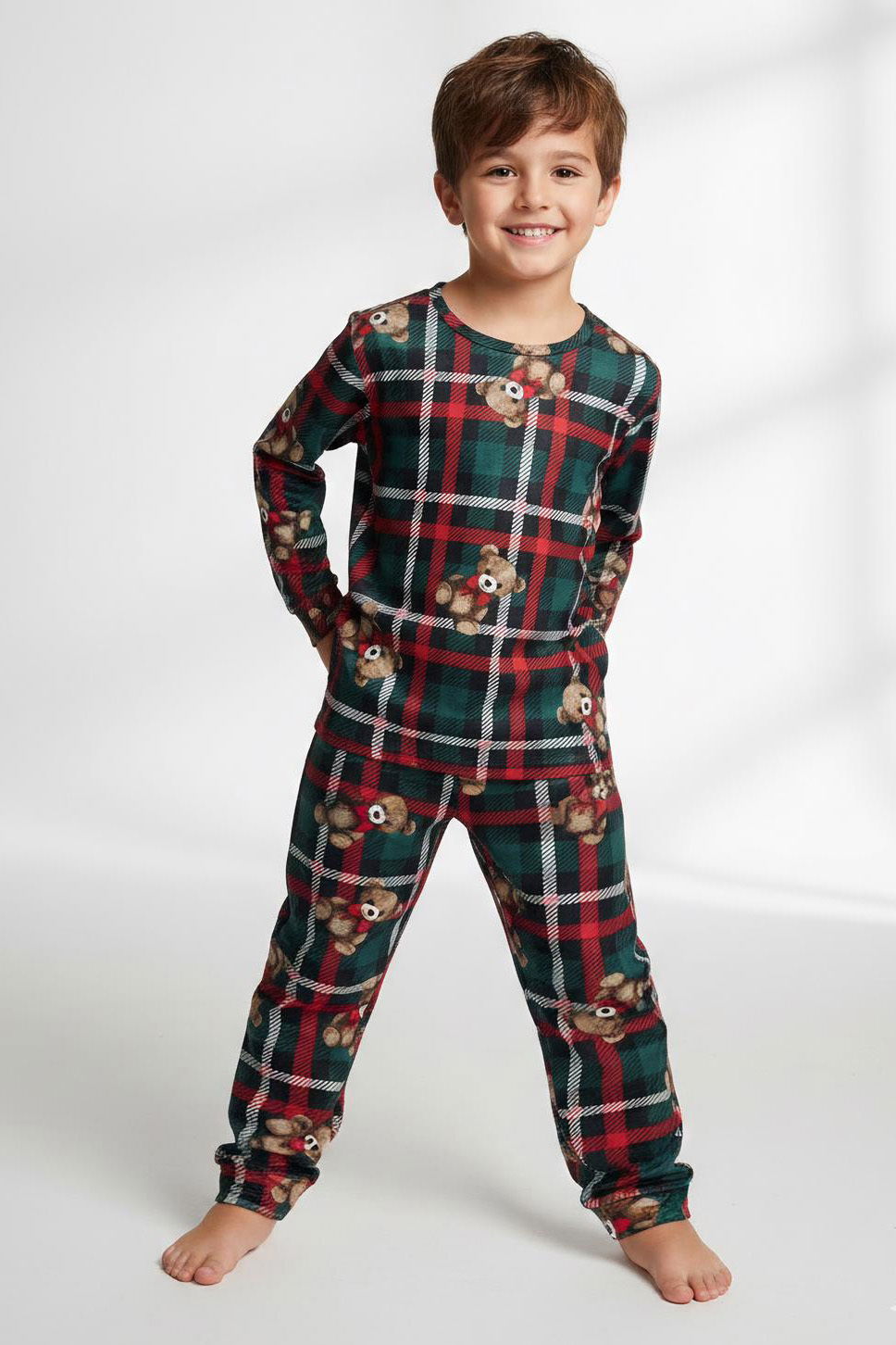 Erkek Çocuk Zümrüt Baskılı Süet Pijama Takımı - 28230-ZUMRUT - 1