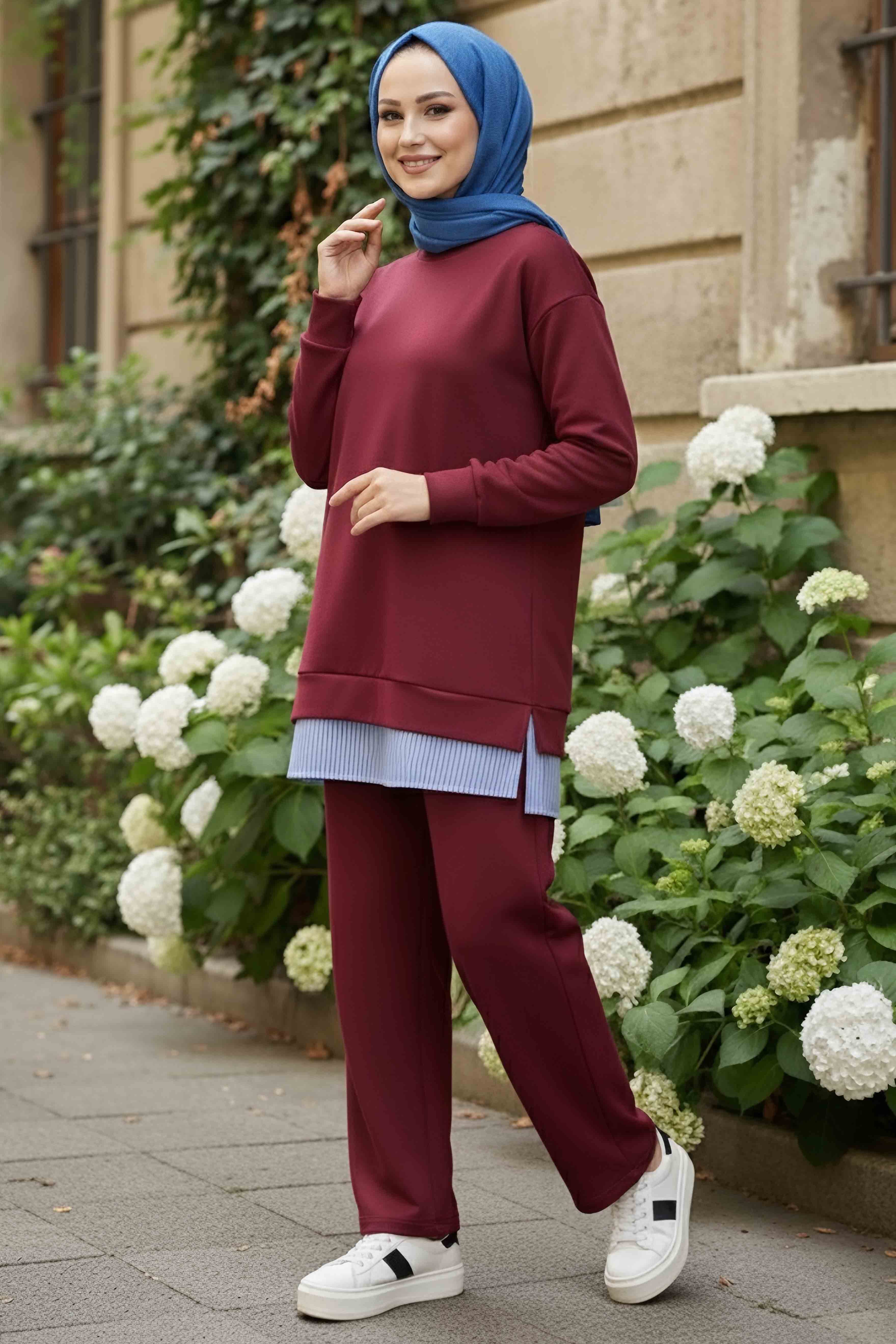 Eteği Çizgili Modal İkili Takım - 28028-BORDO - 1