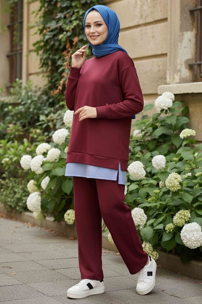 Eteği Çizgili Modal İkili Takım - 28028-BORDO 