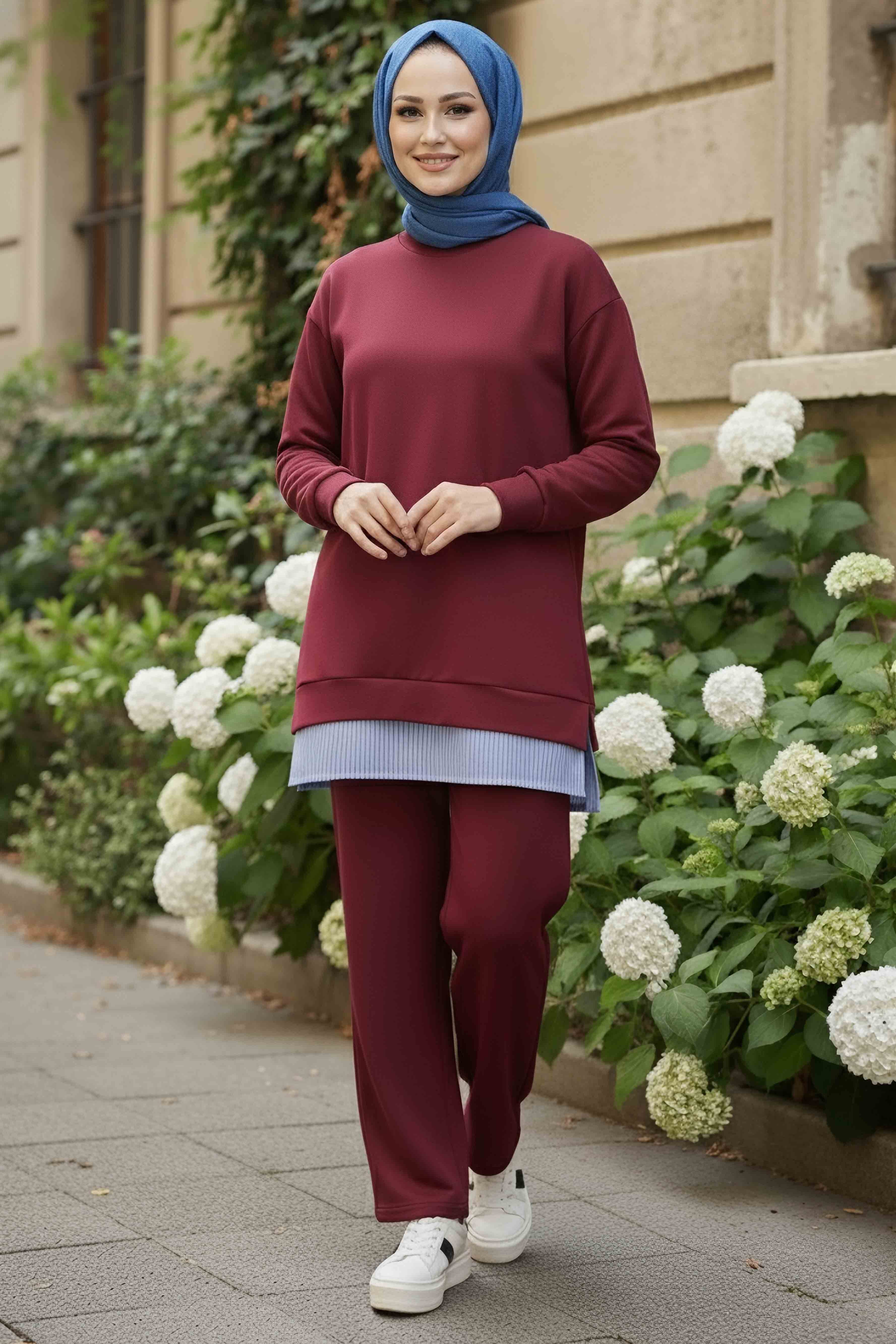 Eteği Çizgili Modal İkili Takım - 28028-BORDO - 2