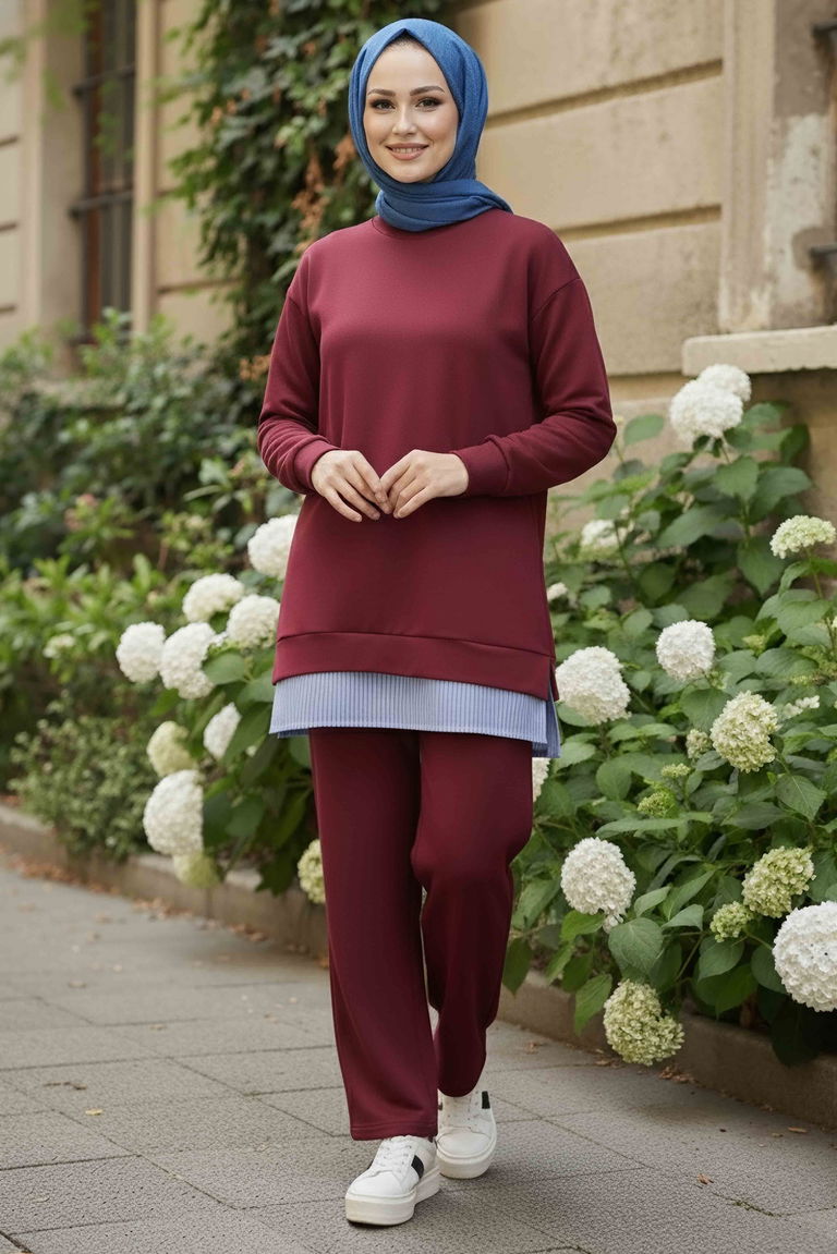 Eteği Çizgili Modal İkili Takım - 28028-BORDO - TOFİSA
