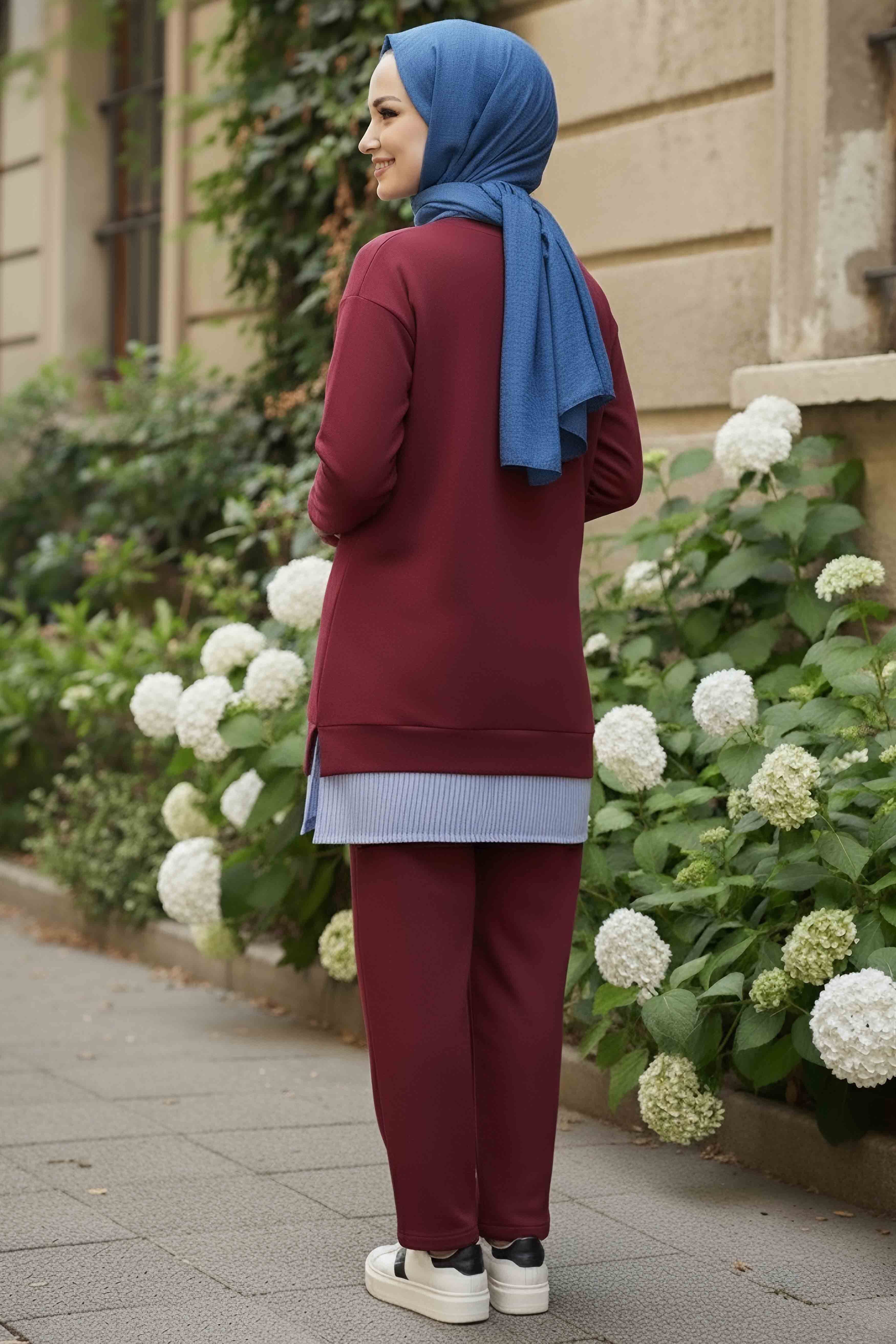 Eteği Çizgili Modal İkili Takım - 28028-BORDO - 3