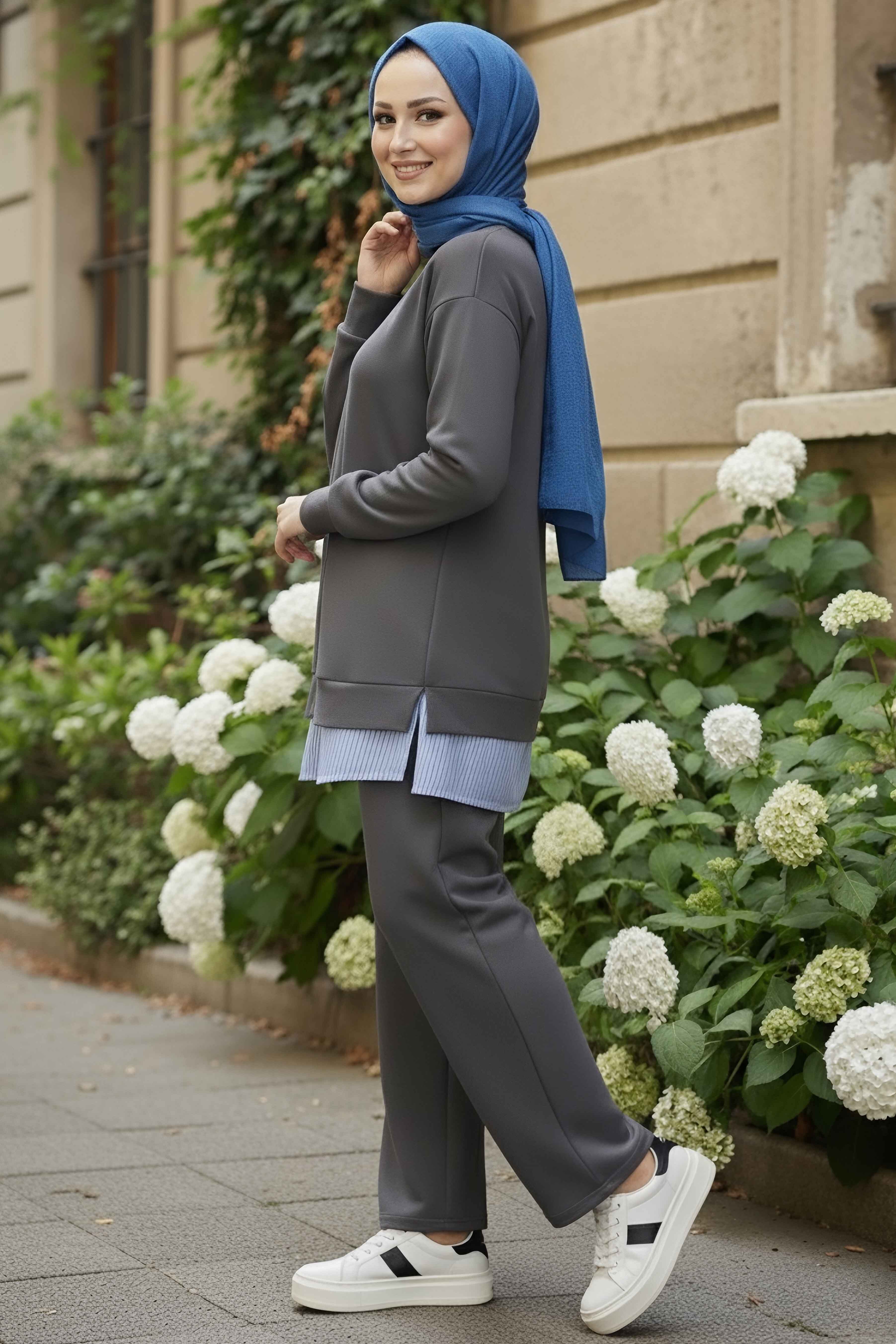 Eteği Çizgili Modal İkili Takım - 28028-GRI - 1