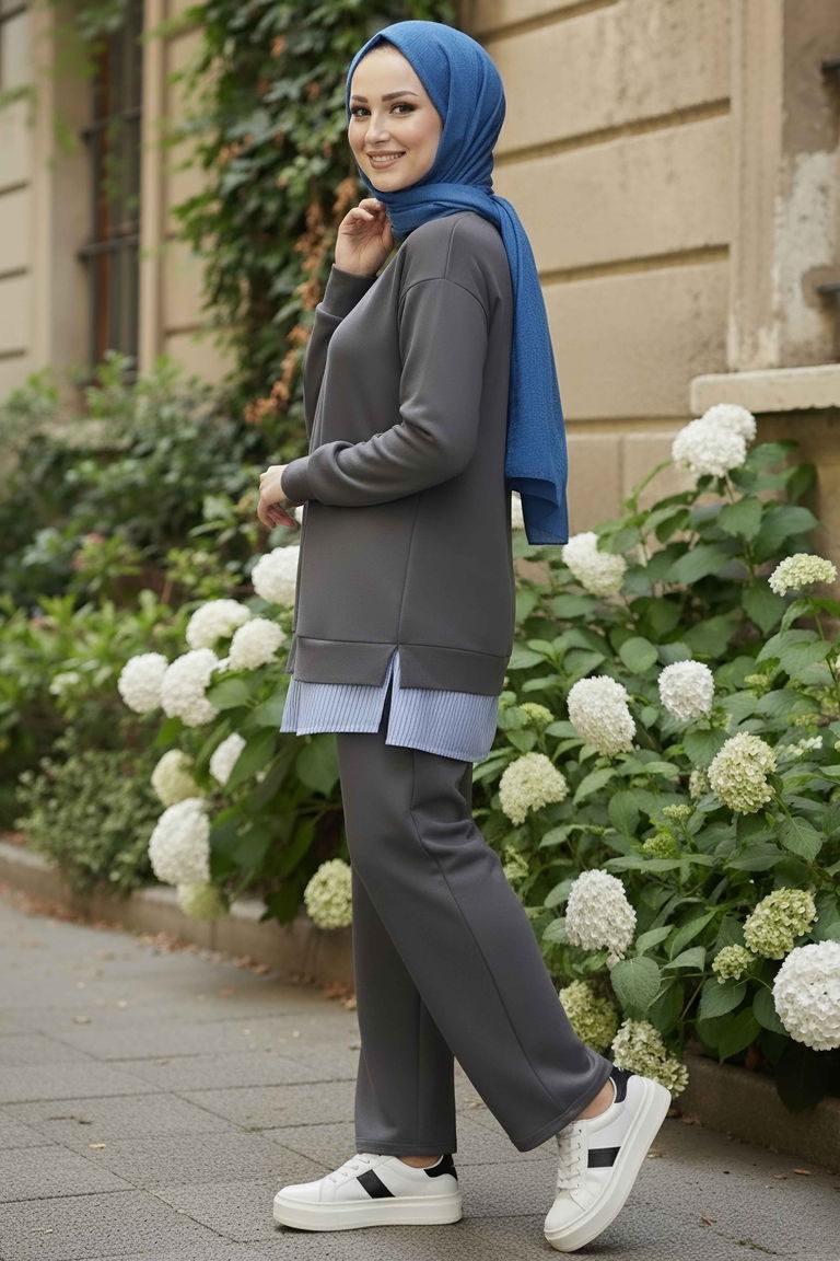 Eteği Çizgili Modal İkili Takım - 28028-GRI - TOFİSA