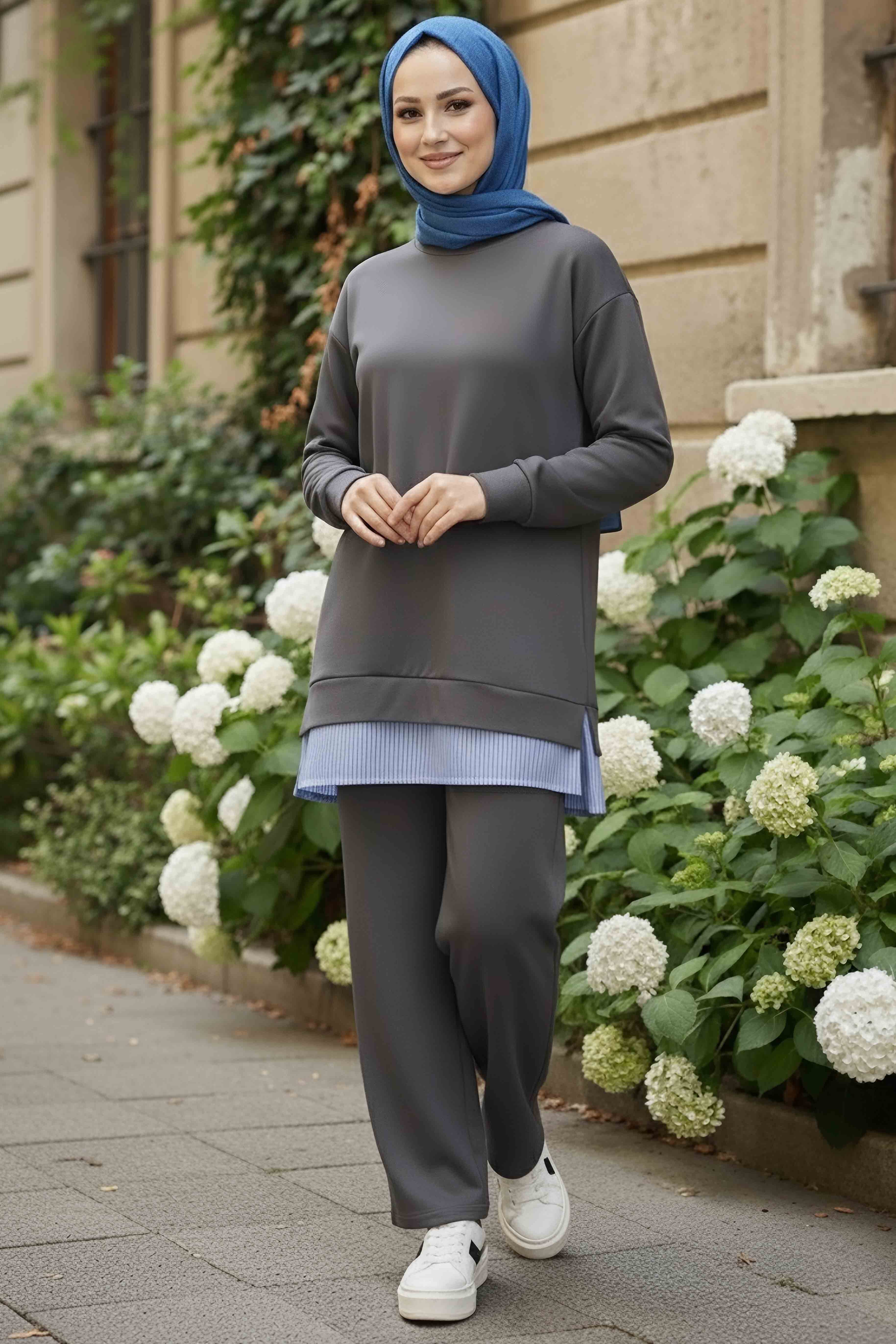 Eteği Çizgili Modal İkili Takım - 28028-GRI - 2