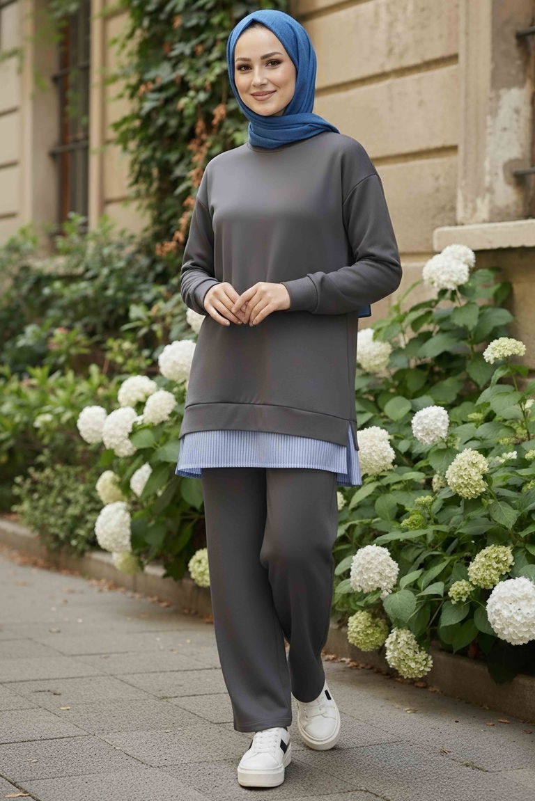 Eteği Çizgili Modal İkili Takım - 28028-GRI - TOFİSA