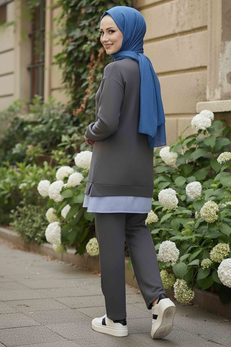 Eteği Çizgili Modal İkili Takım - 28028-GRI - TOFİSA