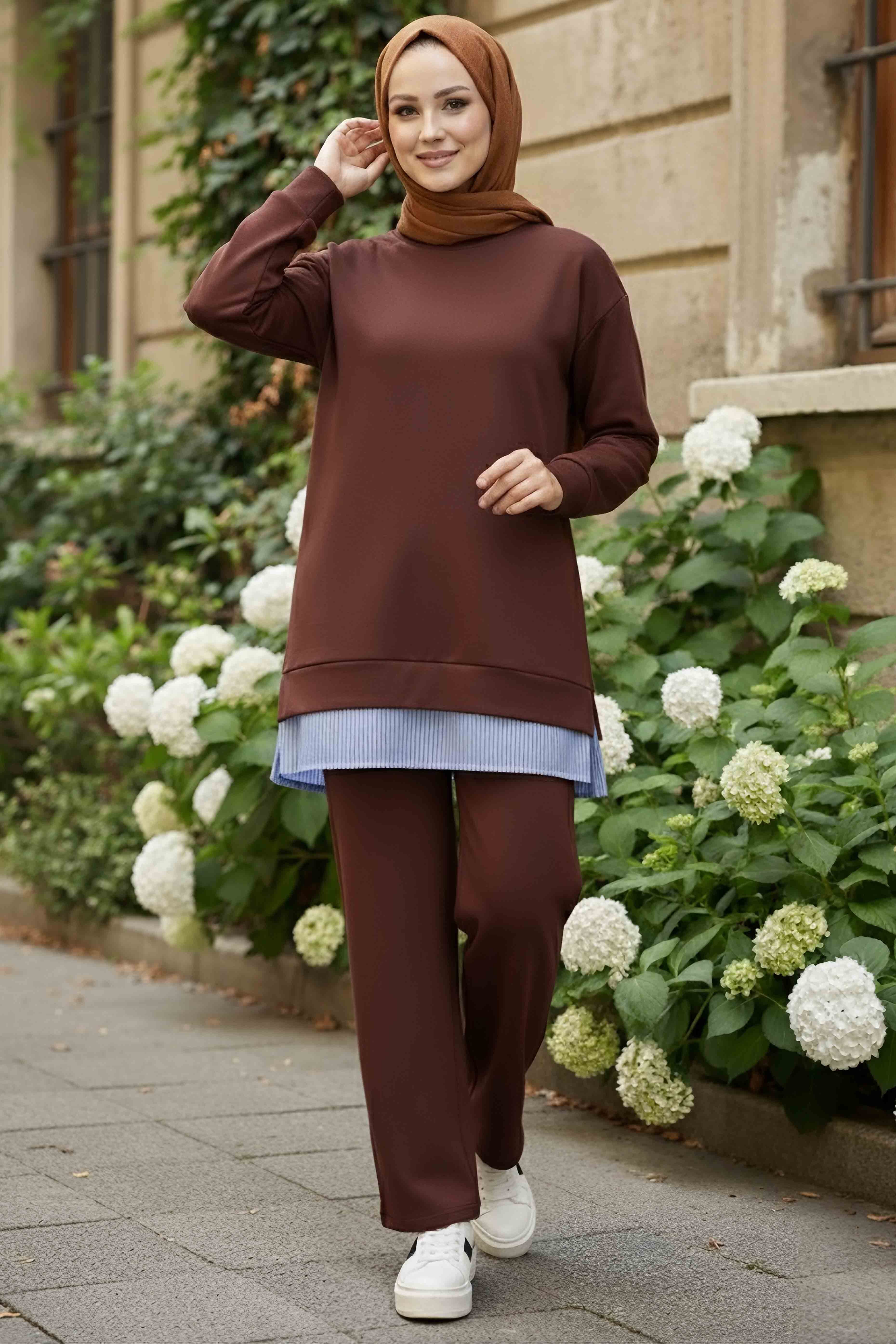 Eteği Çizgili Modal İkili Takım - 28028-KAHVE - 1