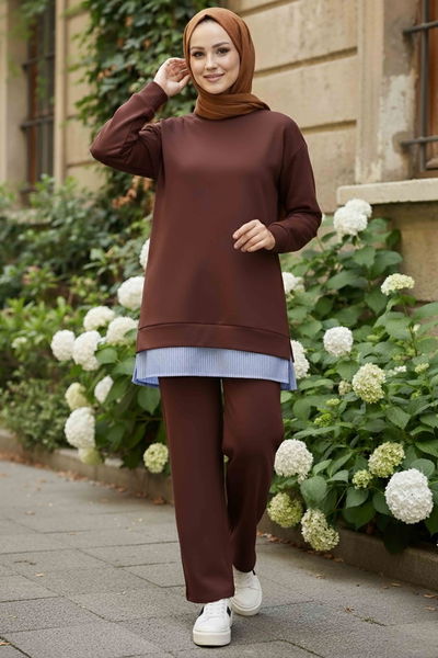 Eteği Çizgili Modal İkili Takım - 28028-KAHVE 