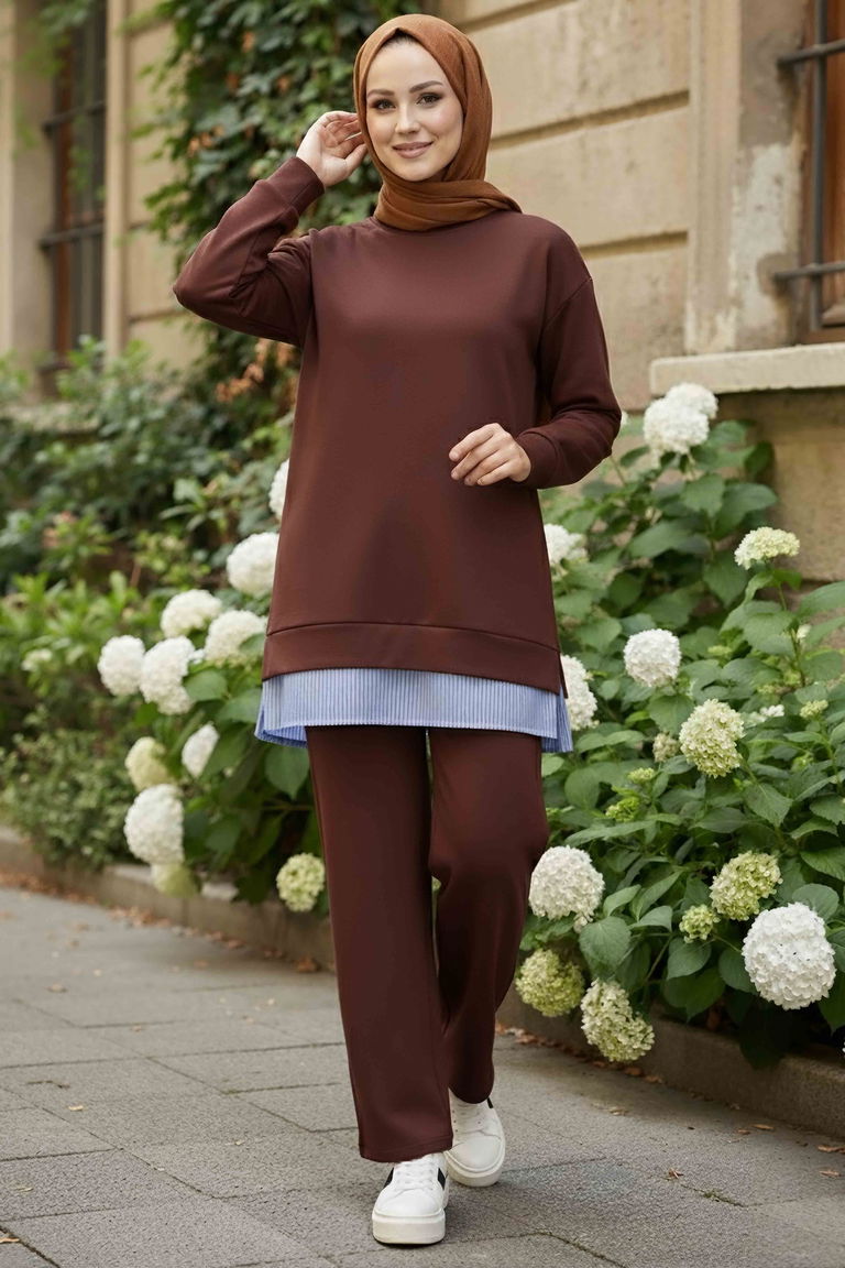 Eteği Çizgili Modal İkili Takım - 28028-KAHVE - TOFİSA