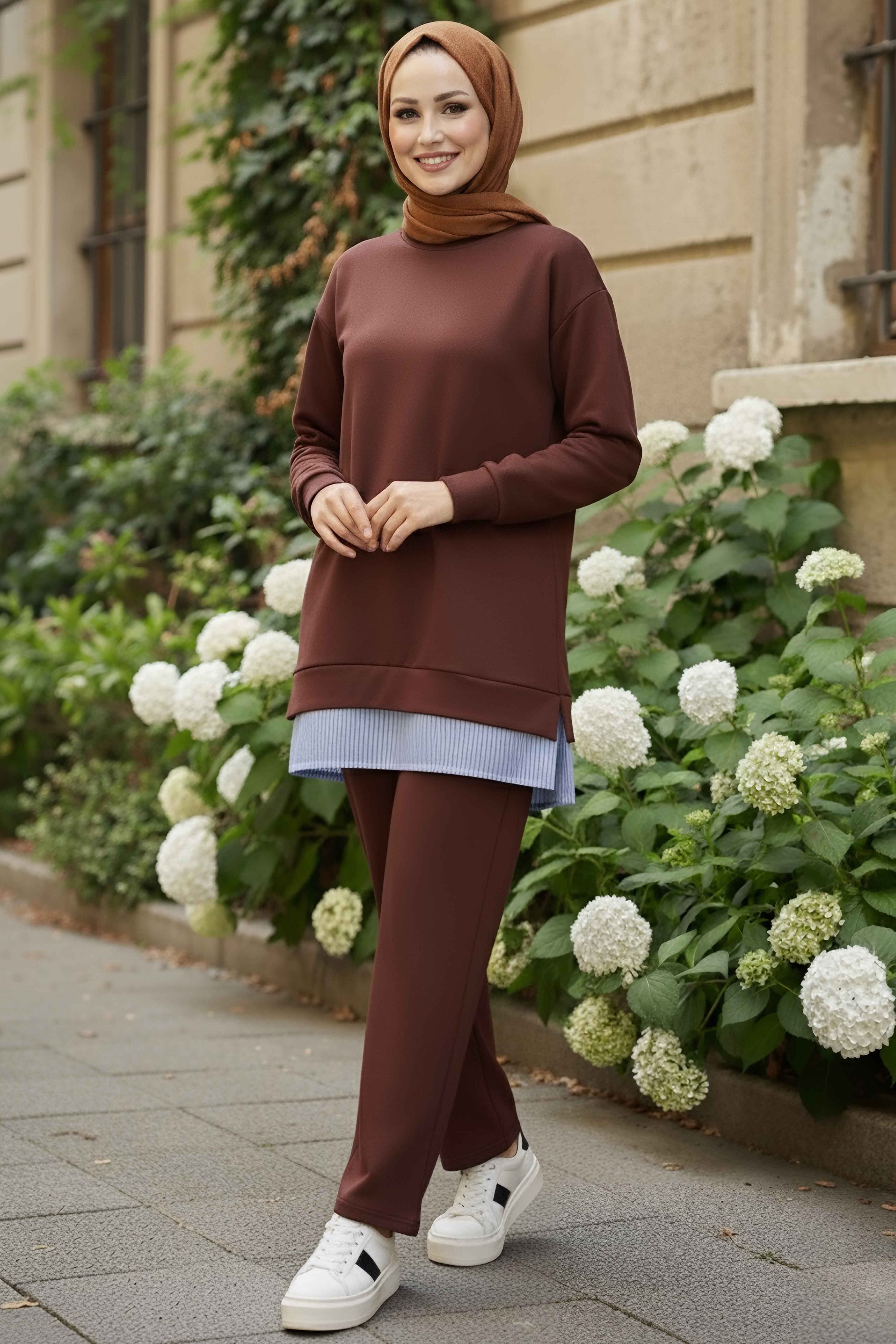 Eteği Çizgili Modal İkili Takım - 28028-KAHVE - 2