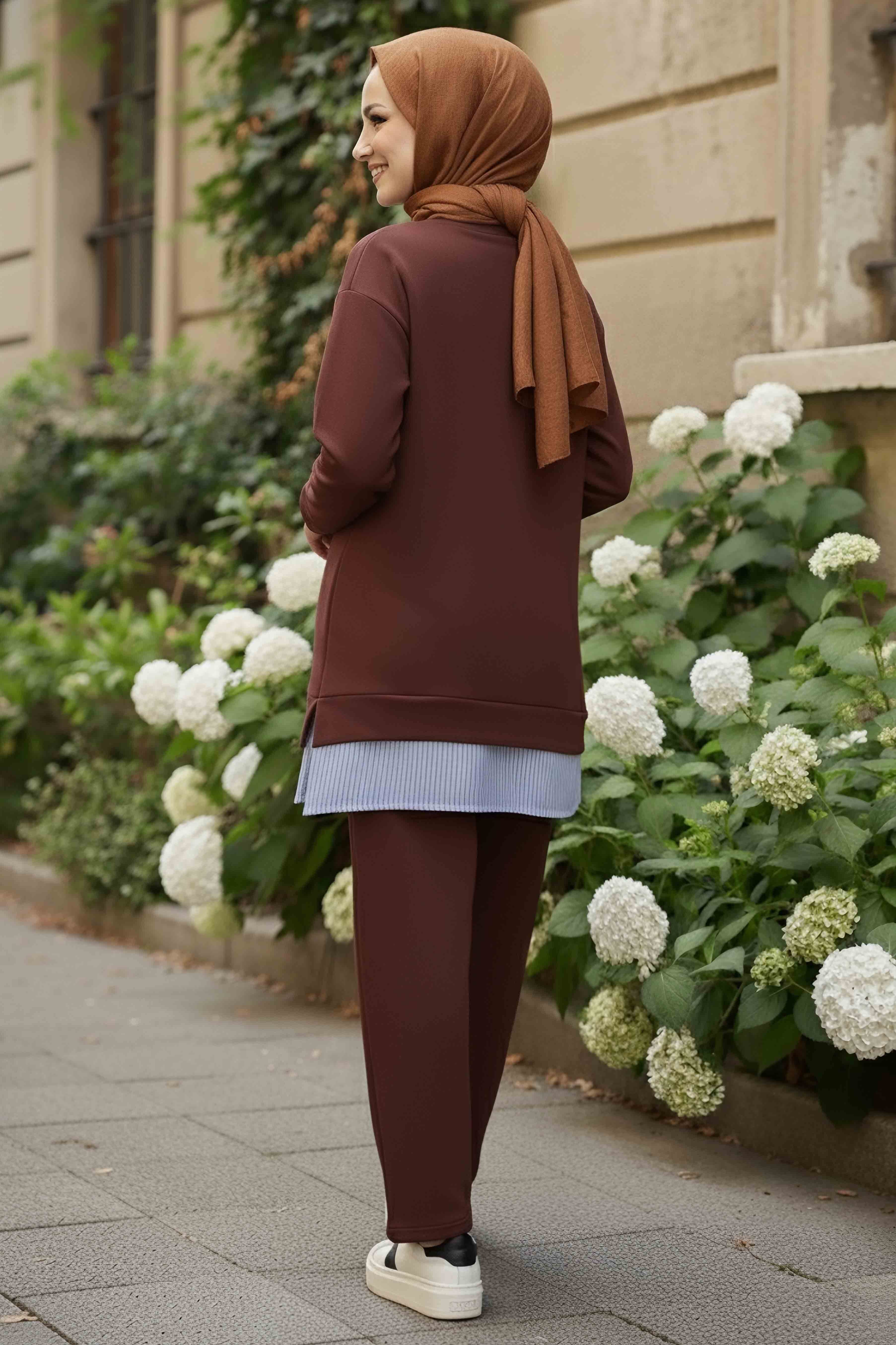 Eteği Çizgili Modal İkili Takım - 28028-KAHVE - 3