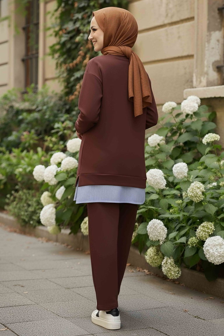 Eteği Çizgili Modal İkili Takım - 28028-KAHVE - TOFİSA