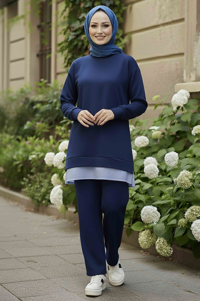 Eteği Çizgili Modal İkili Takım - 28028-LACIVERT - TOFİSA