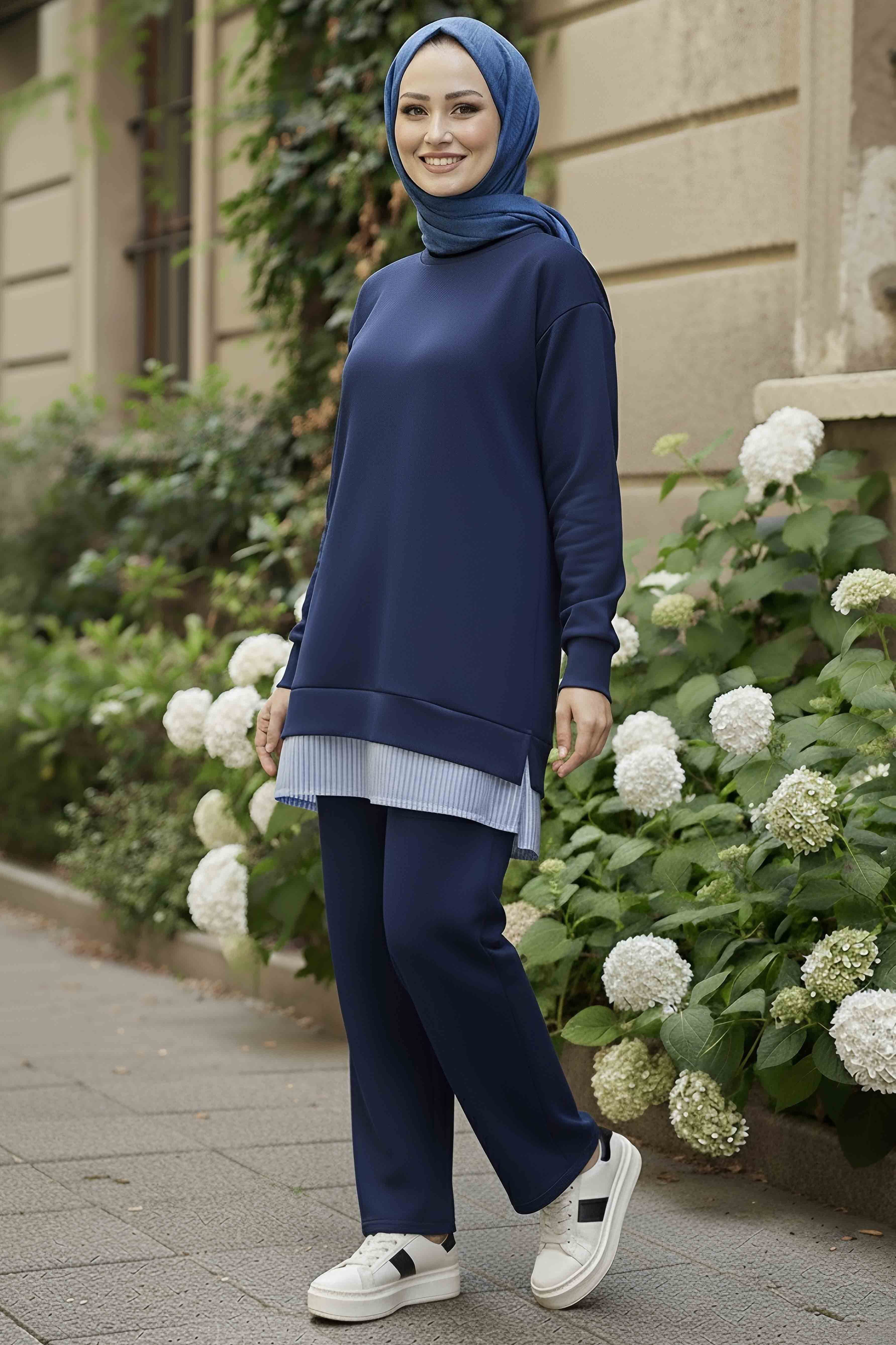 Eteği Çizgili Modal İkili Takım - 28028-LACIVERT - 2